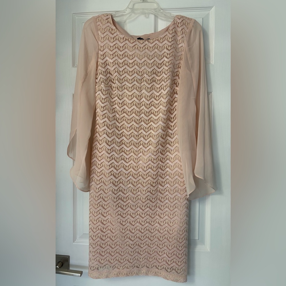 connected apparel Blush Lace Midi Dress with Sheer Bell Sleeves
